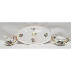 Vintage 4 Piece Miniature Bone China Creamer Sugar Tray Set Floral Gold Accents